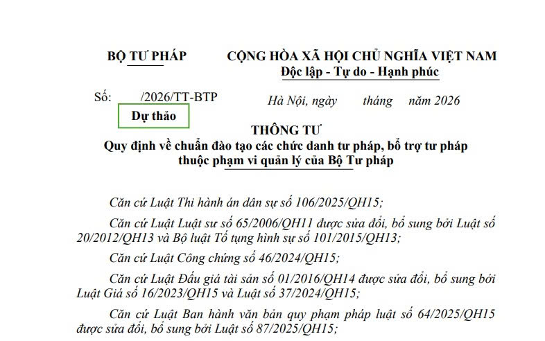 Dự thảo Thông tư chuẩn đào tạo các chức danh tư pháp và bổ trợ tư pháp thuộc quản lý của Bộ Tư pháp