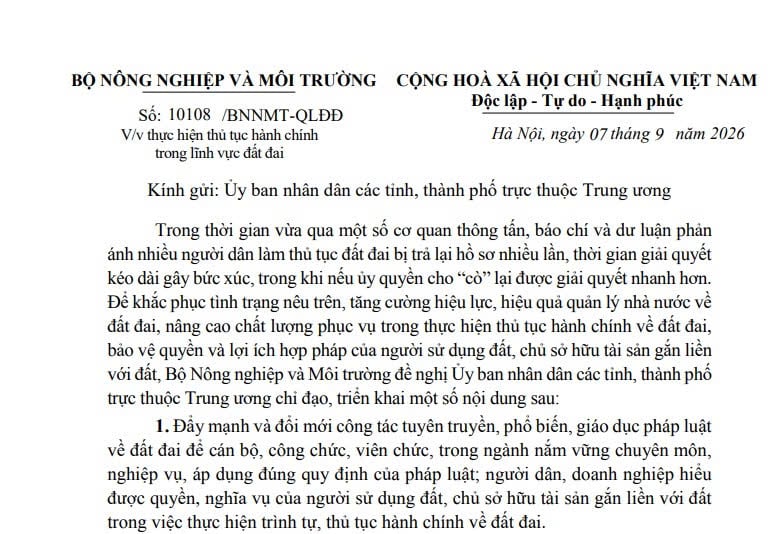 Công văn 10108/BNNMT-QLĐĐ thực hiện thủ tục đất đai với trường hợp ủy quyền “cò” đất