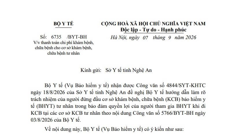 Công văn 6735/BYT-BH thanh toán chi phí khám chữa bệnh cho cơ sở khám chữa bệnh tư nhân 