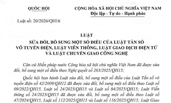 Luật sửa đổi 4 luật về công nghệ viễn thông (Luật số 20/2026/QH16)
