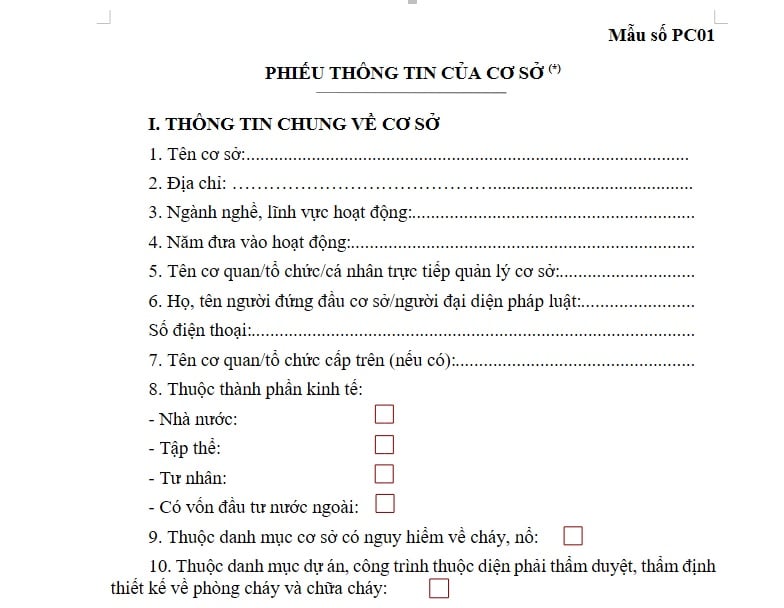Mẫu số PC01 Phiếu thông tin của cơ sở theo Nghị định 347/2026/NĐ-CP ra sao?
