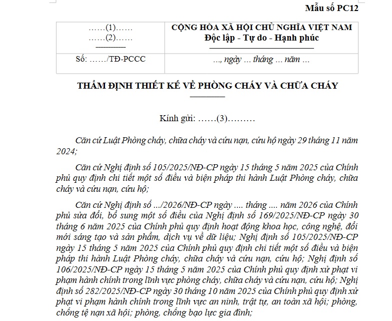Mẫu số PC12 Thẩm định thiết kế về phòng cháy chữa cháy theo Nghị định 347/2026/NĐ-CP ra sao?