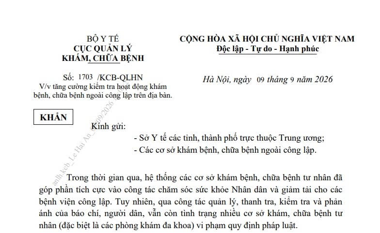Công văn 1703/KCB-QLHN kiểm tra hoạt động khám chữa bệnh ngoài công lập