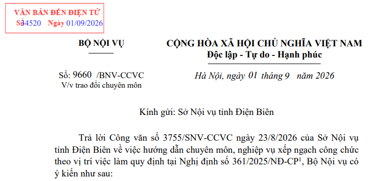 Công văn 9660/BNV-CCVC xếp ngạch công chức theo vị trí việc làm có nội dung ra sao?