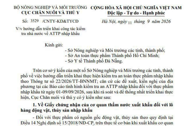 Công văn 3529/CNTY-KD&TYCĐ hướng dẫn triển khai kiểm tra nhà nước về ATTP nhập khẩu
