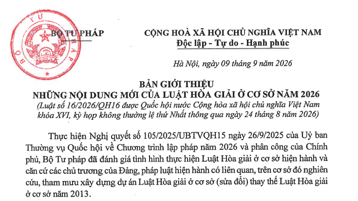 Nội dung mới của Luật Hòa giải ở cơ sở 2026