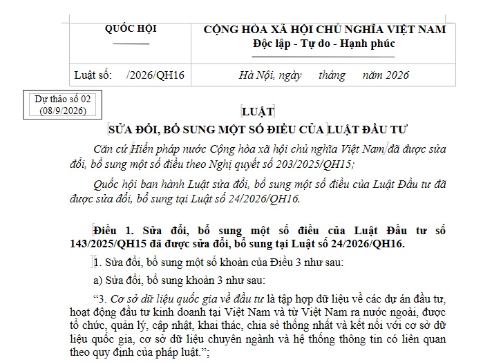 Dự thảo Luật sửa đổi Luật Đầu tư năm 2026 (dự thảo số 2) có nội dung gì?