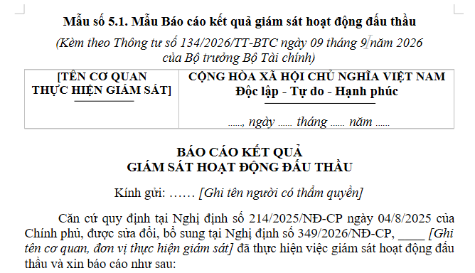 Mẫu Báo cáo kết quả giám sát hoạt động đấu thầu (Mẫu 5.1 Thông tư 134/2026/TT-BTC)