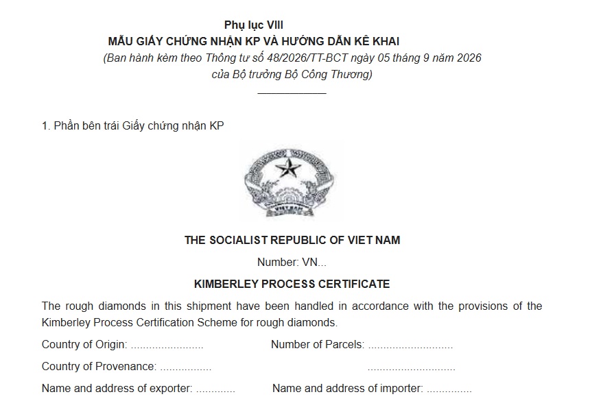 Mẫu giấy chứng nhận KP theo Thông tư 48/2026/TT-BCT ra sao?