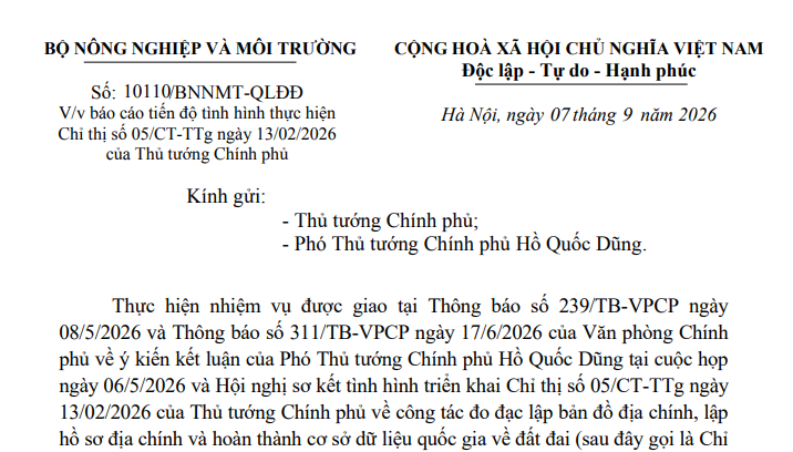 Công văn 10110/BNNMT-QLĐĐ báo cáo tiến độ hoàn thành cơ sở dữ liệu quốc gia về đất đai