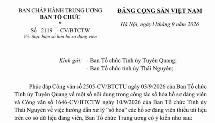 Công văn 2119-CV/BTCTW hướng dẫn thực hiện số hóa hồ sơ đảng viên