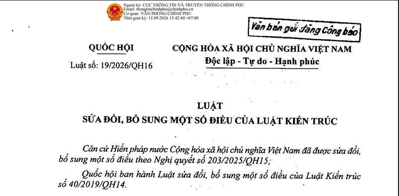 Luật sửa đổi Luật Kiến trúc 2026 (Luật số 19/2026/QH16) có nội dung ra sao?  