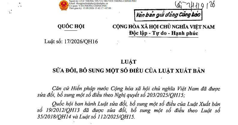 Luật sửa đổi Luật Xuất bản 2026 (Luật số 17/2026/QH16) có nội dung ra sao?