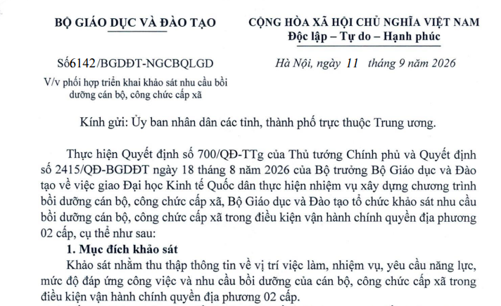 Công văn 6142/BGDĐT-NGCBQLGD khảo sát nhu cầu bồi dưỡng cán bộ công chức cấp xã