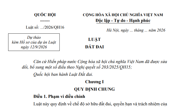 Dự thảo Luật Đất đai 2026 (dự thảo ngày 12/9/2026)