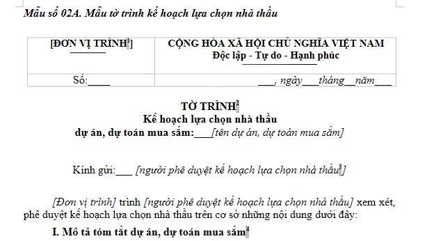 Mẫu số 2A Tờ trình kế hoạch lựa chọn nhà thầu theo Thông tư 134/2026/TT-BTC