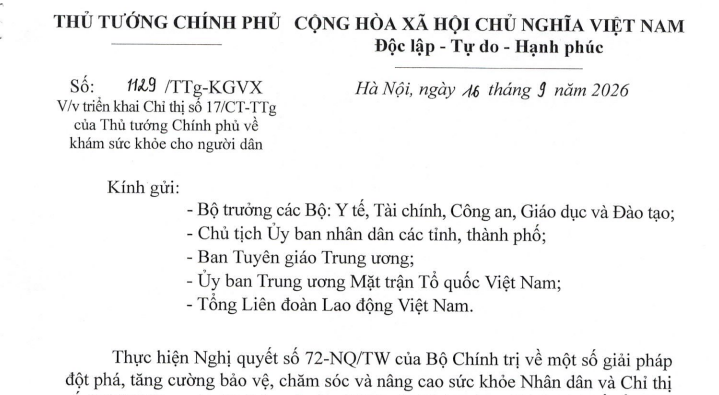 Công văn 1129/TTg-KGVX triển khai Chỉ thị 17/CT-TTg khám sức khỏe cho người dân