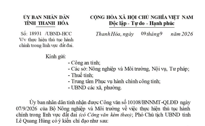 Công văn 18931/UBND-HCC thực hiện thủ tục hành chính lĩnh vực đất đai tại Thanh Hóa