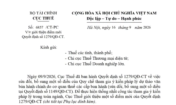Công văn 6857/CT-PC giới thiệu điểm mới Quyết định 1279/QĐ-CT