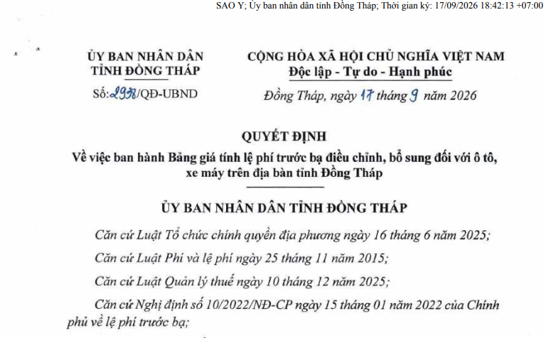 Bảng giá tính lệ phí trước bạ ô tô, xe máy (sửa đổi) tại Đồng Tháp ra sao?