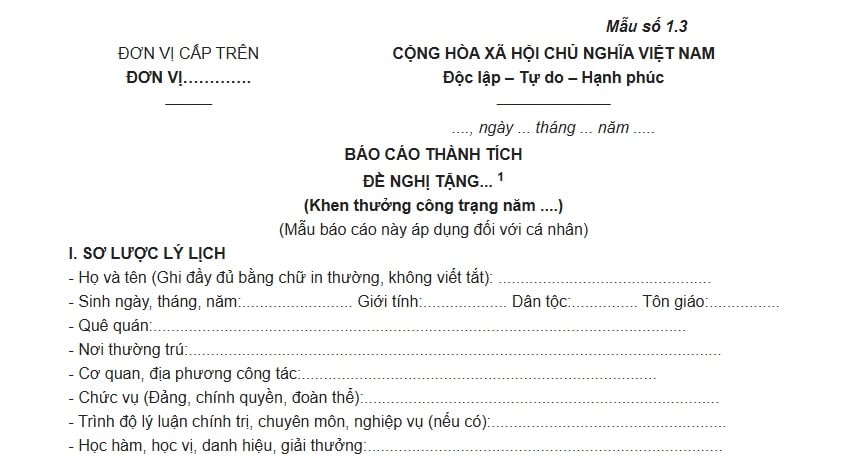 Mẫu báo cáo thành tích đối với cá nhân theo Thông tư 20/2026/TT-BNV thế nào?