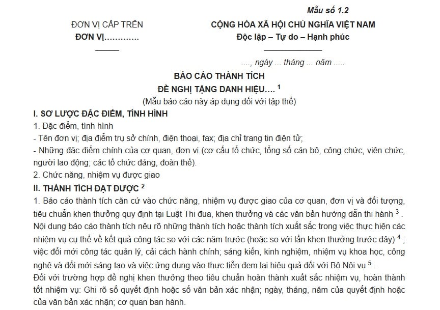 Mẫu báo cáo thành tích đối với tập thể theo Thông tư 20/2026/TT-BNV thế nào?