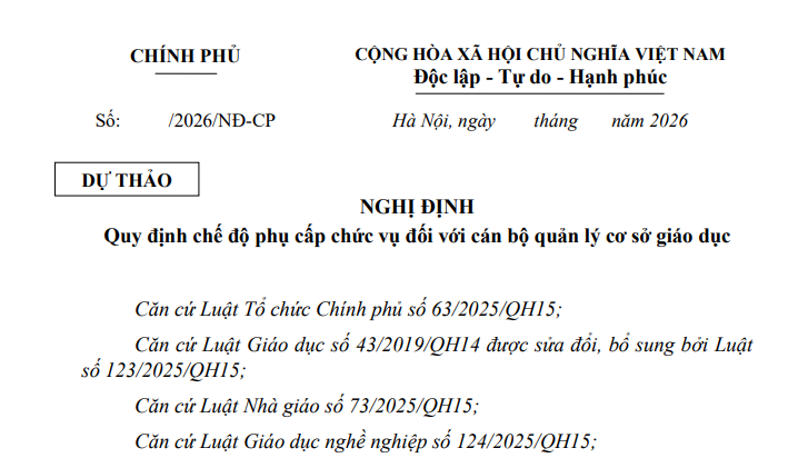 Dự thảo Nghị định về chế độ phụ cấp chức vụ cán bộ quản lý cơ sở giáo dục có nội dung ra sao?
