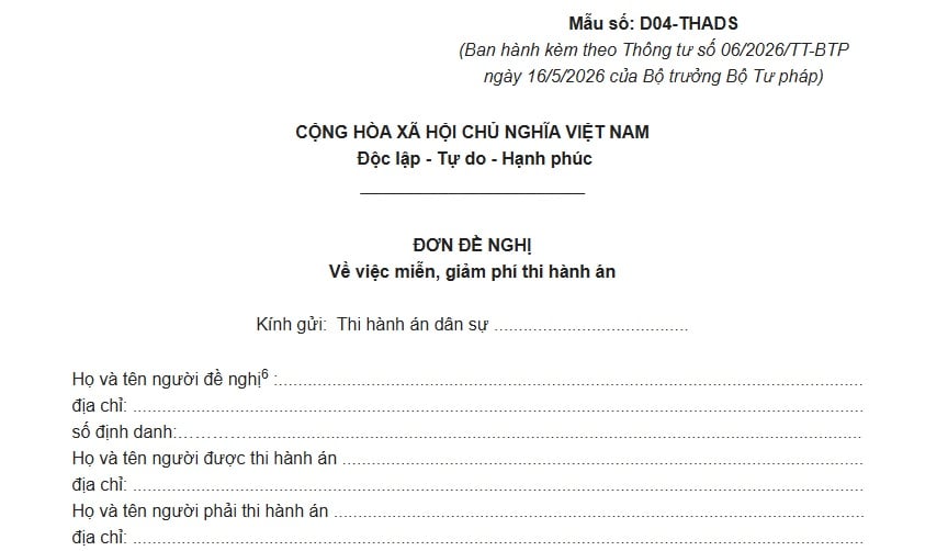 Mẫu D04-THADS Đơn đề nghị miễn giảm phí thi hành án dân sự năm 2026 ra sao?