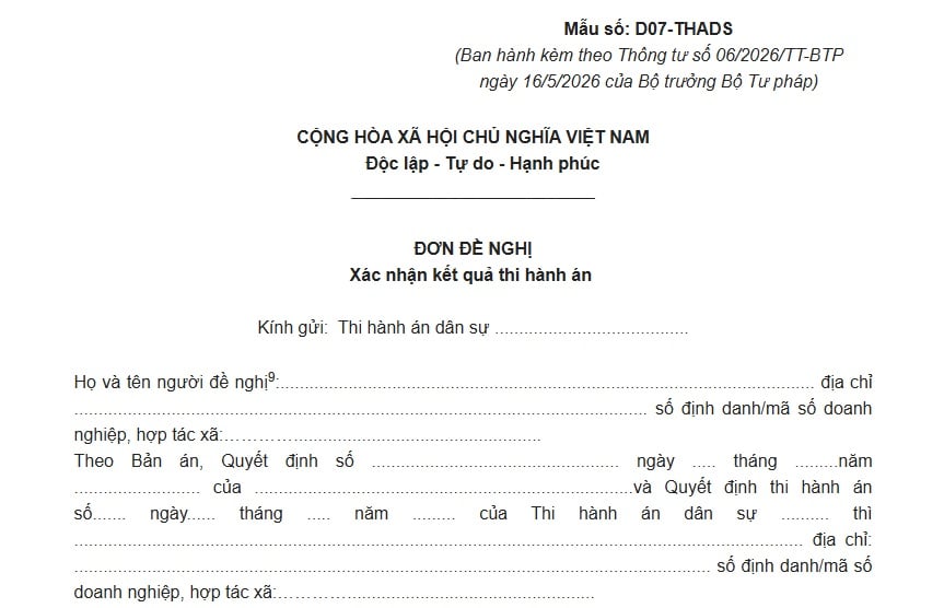 Mẫu D07-THADS Đơn đề nghị xác nhận kết quả thi hành án dân sự năm 2026 thế nào?