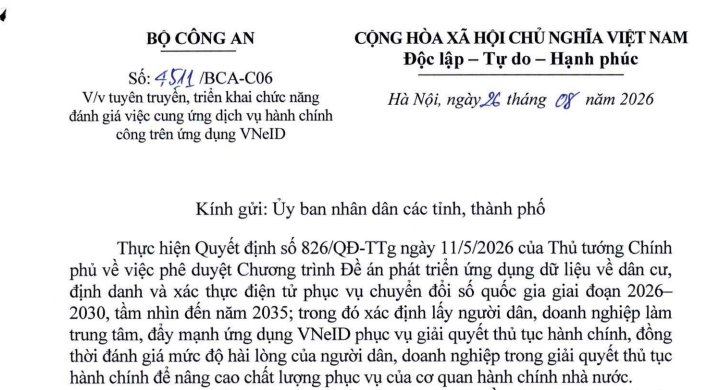 Công văn 4511/BCA-C06: Người dân được đánh giá dịch vụ hành chính công trên VNeID thế nào? 