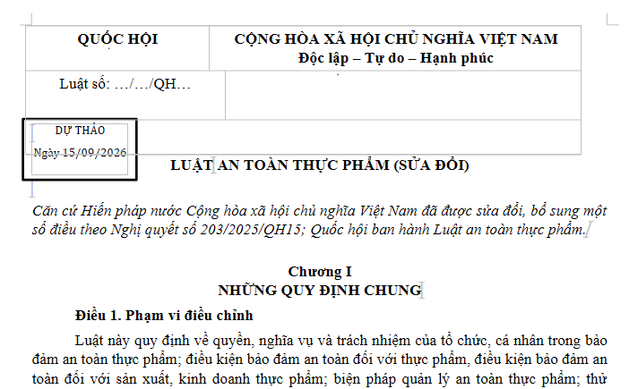 Dự thảo Luật An toàn thực phẩm sửa đổi (dự thảo ngày 15/9/2026)
