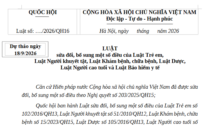Dự thảo Luật sửa đổi Luật Bảo hiểm y tế (dự thảo ngày 18/9/2026)