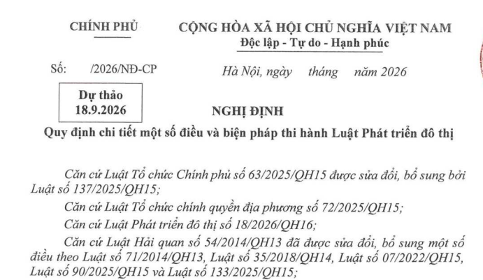 Dự thảo Nghị định hướng dẫn Luật Phát triển đô thị (dự thảo 18/9/2026)