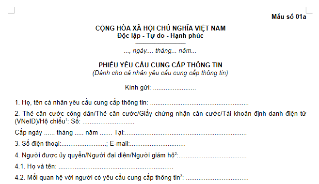 Mẫu Phiếu yêu cầu cung cấp thông tin của cá nhân có yêu cầu cung cấp thông tin theo Nghị định 337/2026