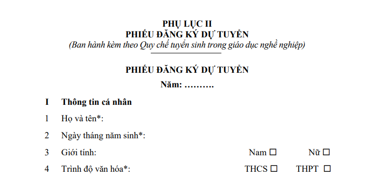 Mẫu Phiếu đăng ký dự tuyển giáo dục nghề nghiệp gồm những nội dung nào?