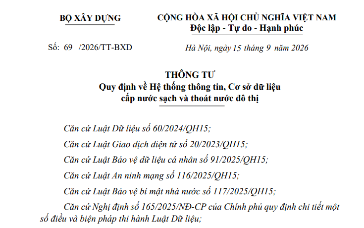 Thông tư 69/2026/TT-BXD về Hệ thống thông tin, Cơ sở dữ liệu cấp nước sạch và thoát nước đô thị ra sao?