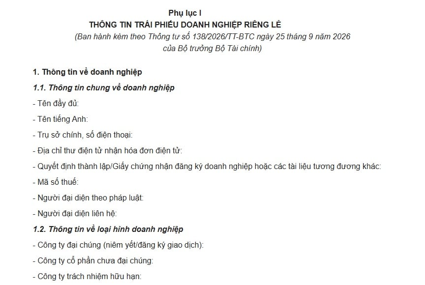 Mẫu thông tin trái phiếu doanh nghiệp riêng lẻ theo Thông tư 138/2026/TT-BTC thế nào?