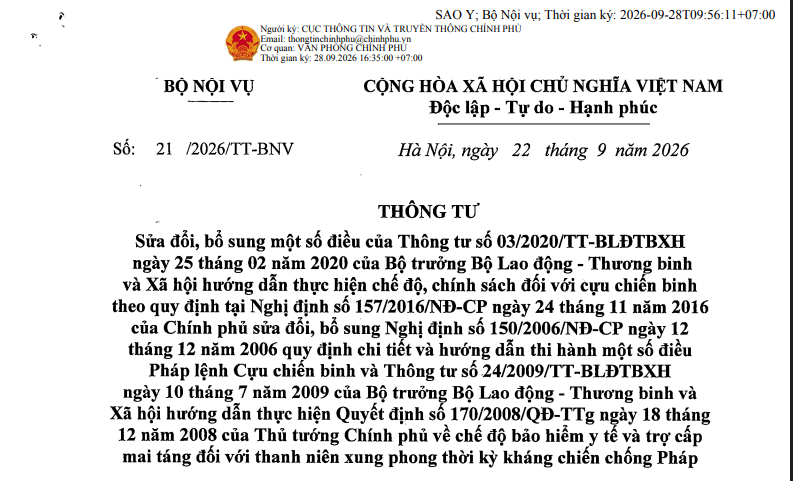 Thông tư 21/2026/TT-BNV sửa đổi chế độ chính sách đối với cựu chiến binh ra sao?