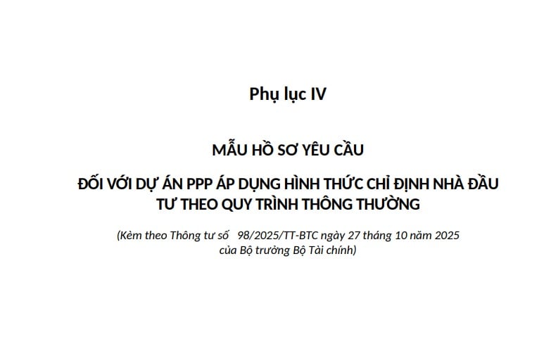 Mẫu hồ sơ yêu cầu dự án PPP áp dụng quy trình chỉ định nhà đầu tư thông thường ra sao?