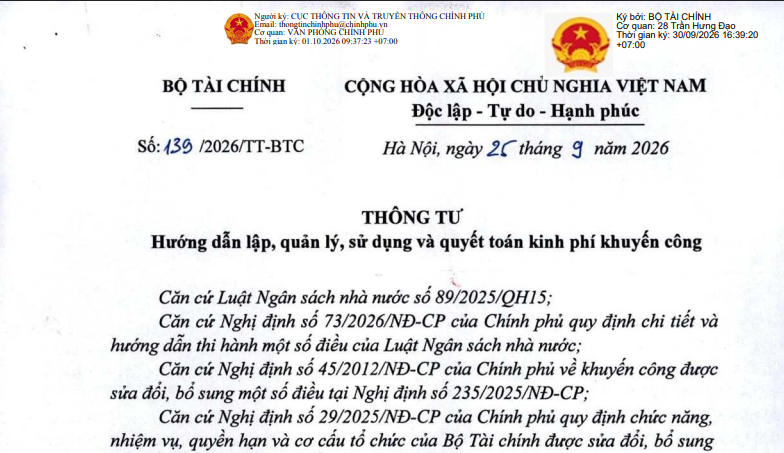 Thông tư 139/2026/TT-BTC hướng dẫn lập, sử dụng và quyết toán kinh phí khuyến công ra sao?
