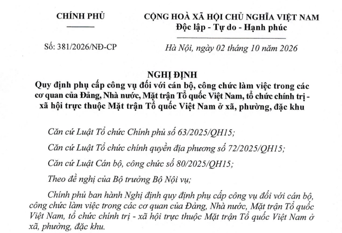 Nghị định 381/2026/NĐ-CP về phụ cấp công vụ đối với cán bộ công chức cấp xã