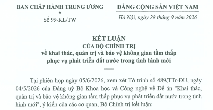 Kết luận 99-KL/TW về quản lý bảo vệ không gian tầm thấp phục vụ phát triển đất nước