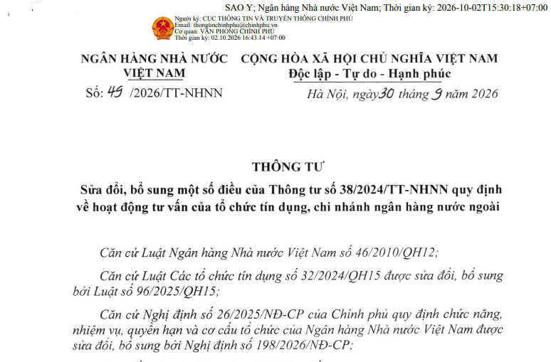 Thông tư 49/2026/TT-NHNN sửa đổi hoạt động tư vấn của tổ chức tín dụng ra sao?