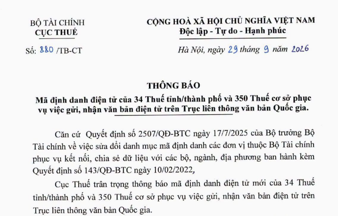 Thông báo 880/TB-CT: Danh sách mã định danh điện tử các đơn vị của Cục Thuế
