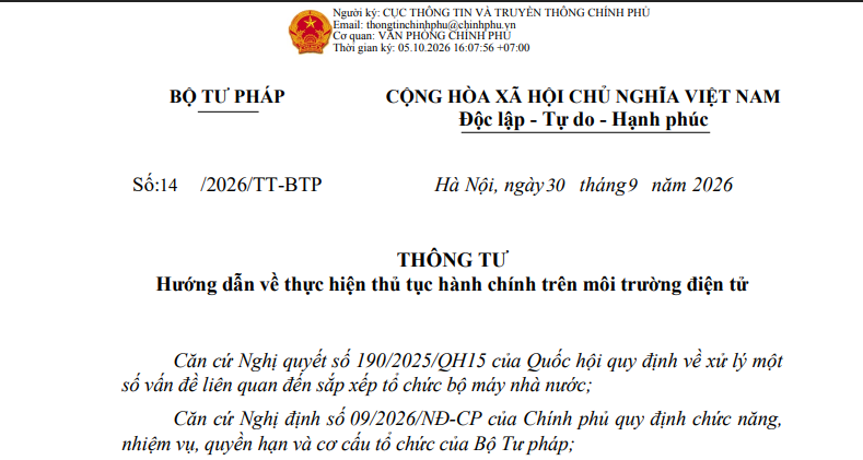 Thông tư 14/2026/TT-BTP hướng dẫn thủ tục hành chính điện tử ra sao?