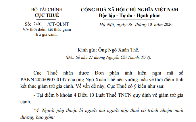 Công văn 7401/CT-QLNT hướng dẫn thời điểm kết thúc giảm trừ gia cảnh