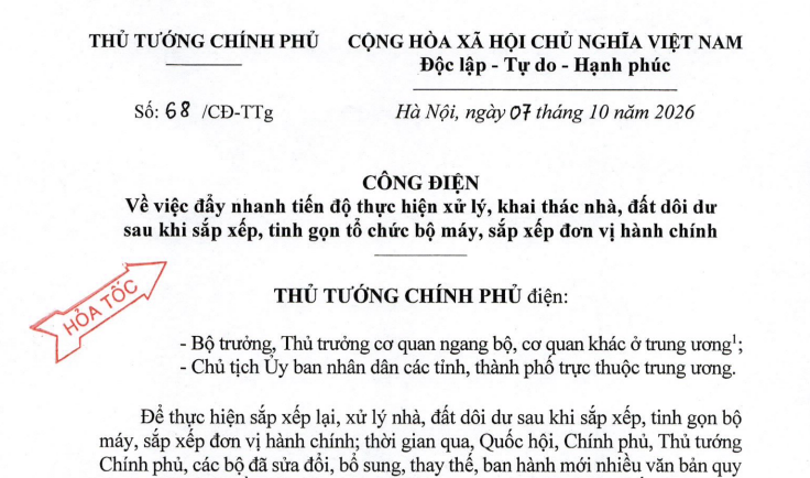 Công điện 68/CĐ-TTg đẩy nhanh tiến độ xử lý khai thác nhà đất dôi dư sau sáp nhập
