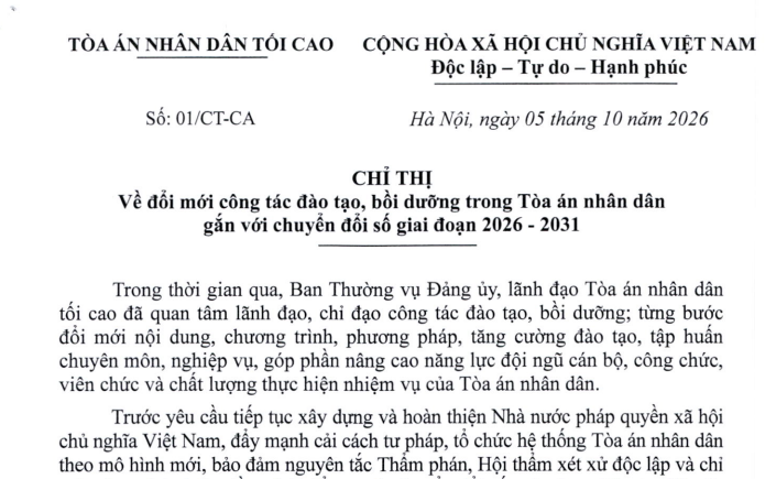 Chỉ thị 01/CT-CA đổi mới công tác đào tạo bồi dưỡng trong Tòa án nhân dân