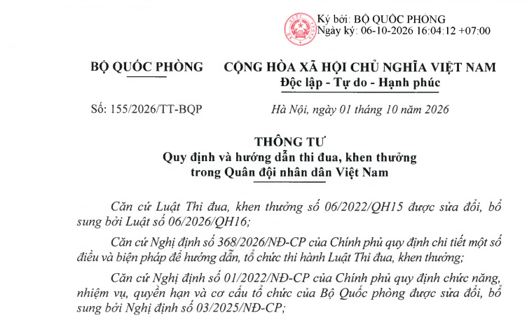 Thông tư 155/2026/TT-BQP quy định thi đua khen thưởng trong Quân đội ra sao?