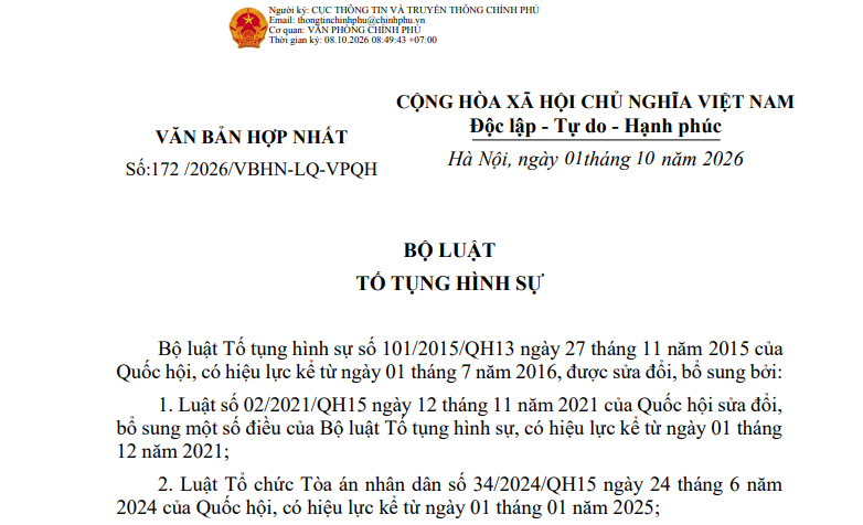 Văn bản hợp nhất Bộ luật Tố tụng hình sự (VBHN số 172/2026/VBHN-LQ-VPQH) ra sao?